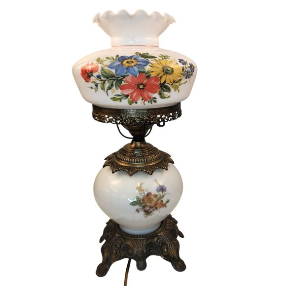Vintage Gone With the Wind Style 3 Way Table Lamp Hand Painted Floral